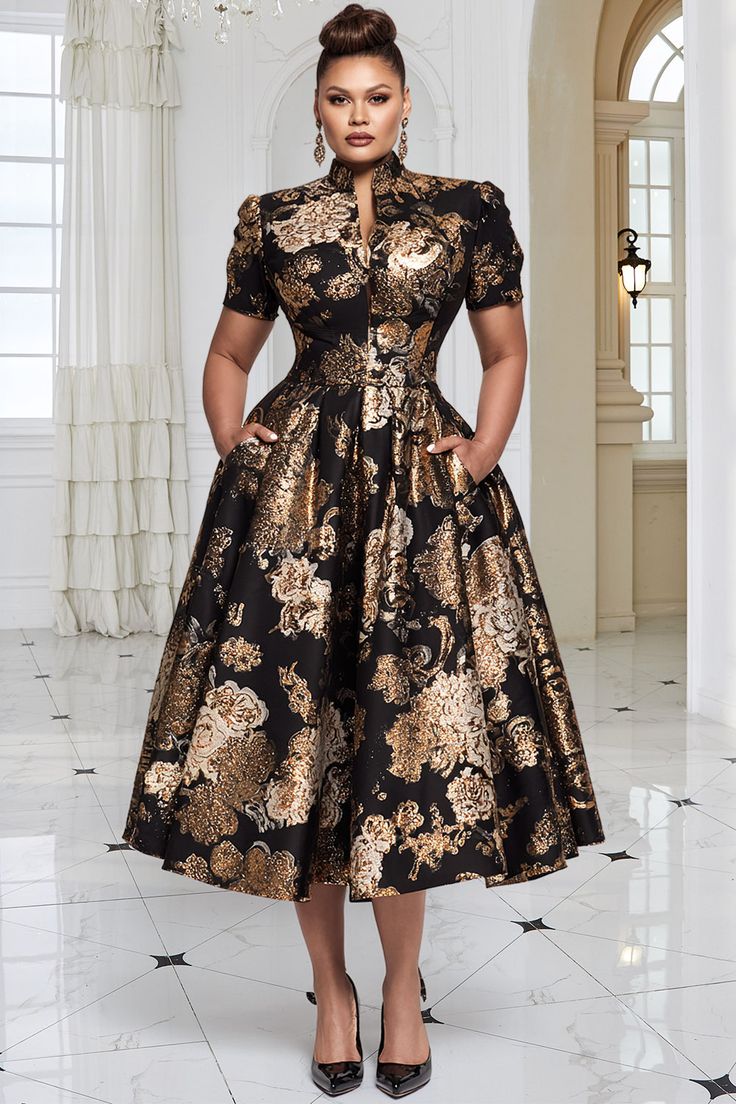 Xpluswear Design Plus Size Formal Black All Over Print Stand-Up Collar Short Sleeve Pocket Elegant Satin Midi Dresses [P