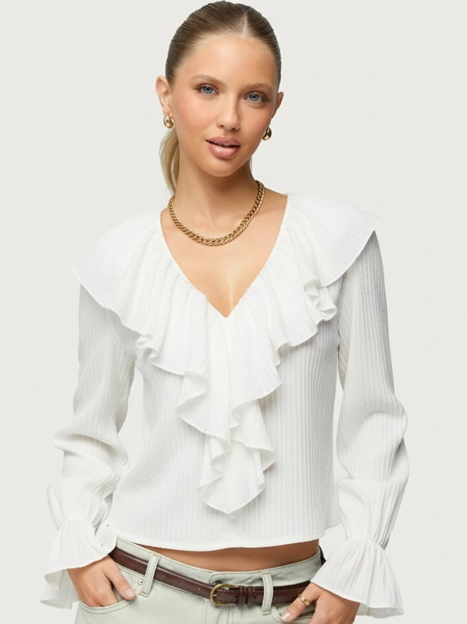 V-neck White Long Sleeve Shirt