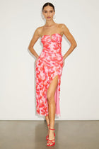Valentina Strapless Midi Dress in Pink Abstract
