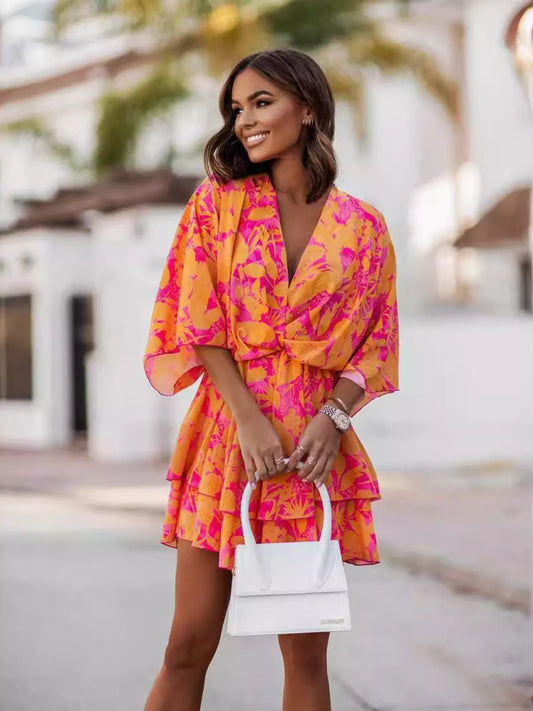 Orange Layered Printed Surplice Mini Dress - Fuchsia Pink / 2XL