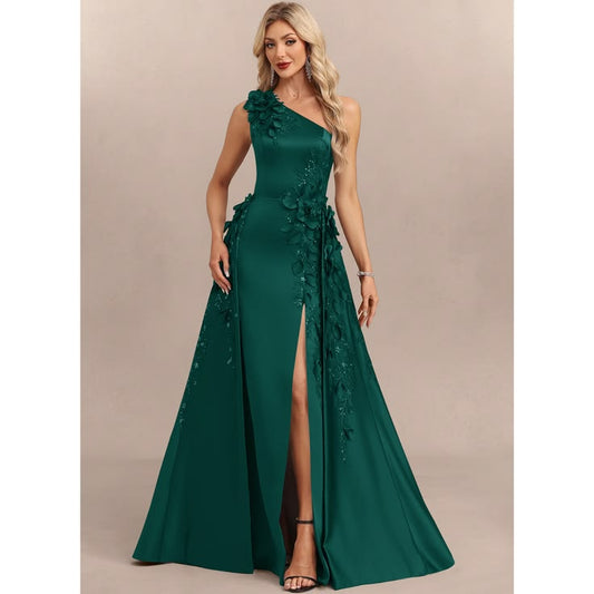 Evarose One Shoulder Overskirt Satin Maxi Evening Dress | JJ's House