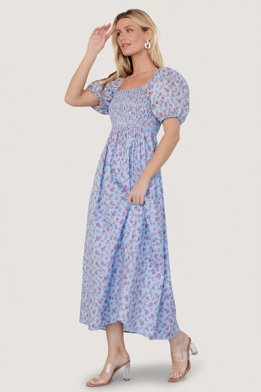 Haddie Smocked Midi Dress | Light Blue + Rose Floral - S