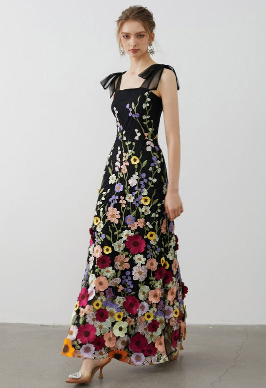 Arabella Floral Appliqué Tulle Maxi Dress
