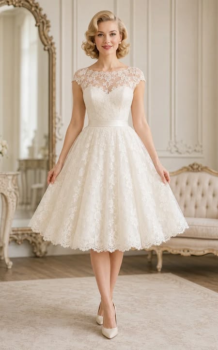 Women’s Cap Sleeve Lace Tea-Length Wedding Dress with Tulle Skirt Ivory