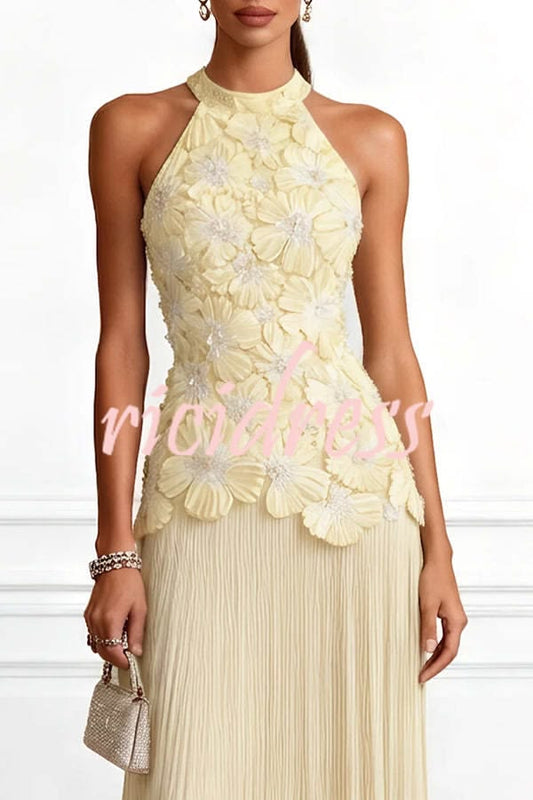 Emilie 3D Floral Embroidery Pleated Chiffon Hem Halter Neck Sleeveless Maxi Dress
