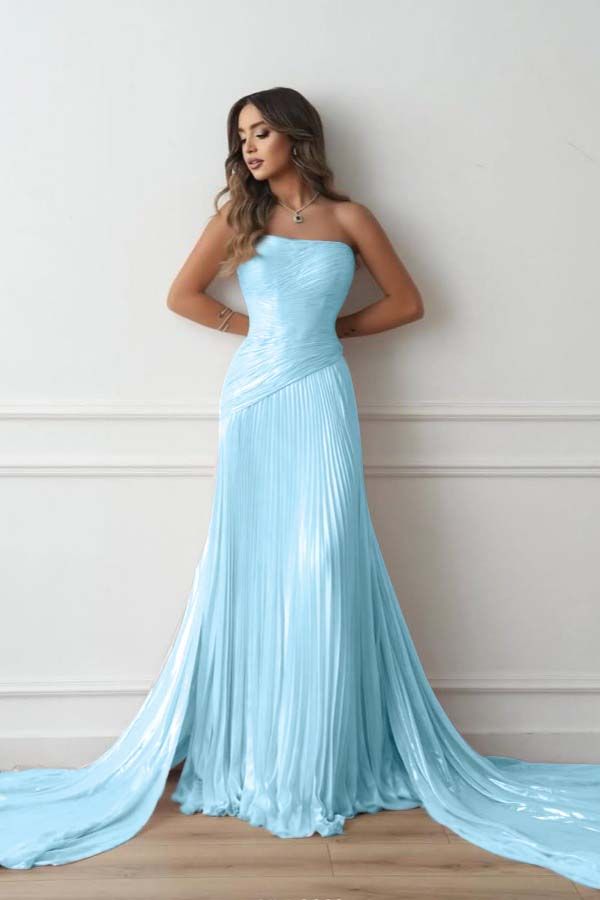 Oknass Simple Chiffon Strapless Sleeveless Long Prom Dress With Pleated And Train Baby Blue-US14W