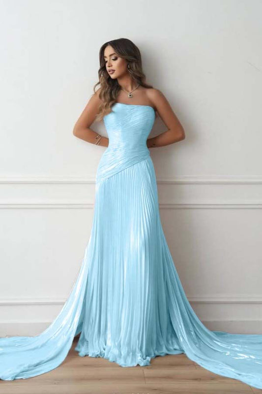Oknass Simple Chiffon Strapless Sleeveless Long Prom Dress With Pleated And Train Baby Blue-US14W