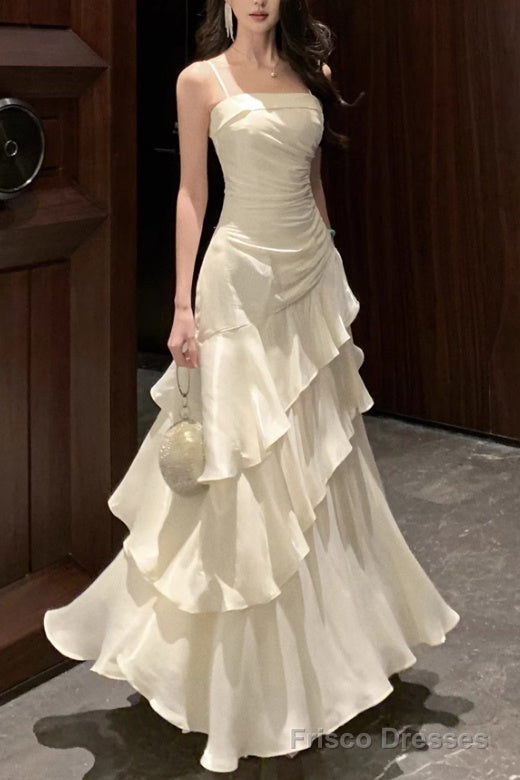 Line White Prom Dress features spaghetti straps Evening Dresses Arabella Satin A-Line Gown