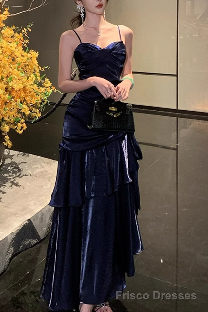 Line Dark Blue Prom Dress features spaghetti straps Evening Dresses Arabella Satin A-Line Gown