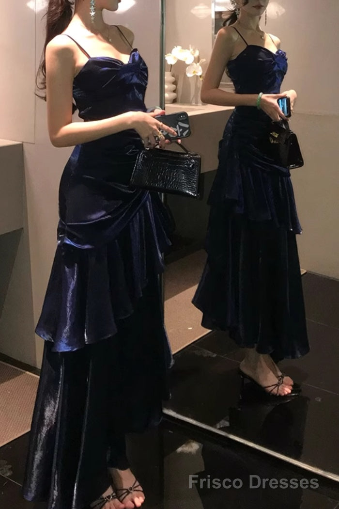 Line Dark Blue Prom Dress features spaghetti straps Evening Dresses Arabella Tulle Lace Formal Gown