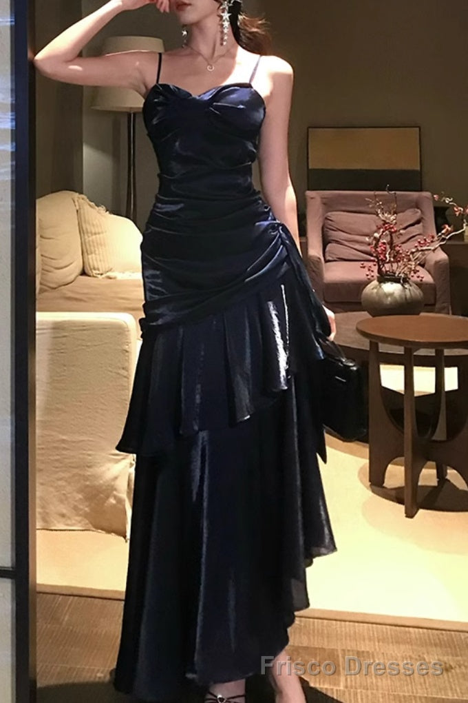 Line Dark Blue Prom Dress features spaghetti straps Evening Dresses Morticia Floral A-Line Wedding Guest Dress