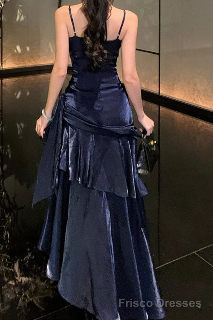 Line Dark Blue Prom Dress features spaghetti straps Evening Dresses Arabella Satin A-Line Gown