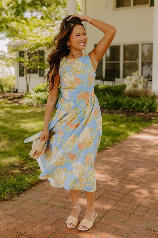 Rose Parade Floral Midi Dress - S / sky blue