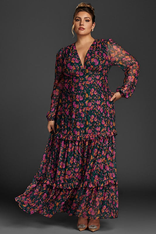 Curveins Plus Size Floral Print Lantern Sleeve Tiered Maxi Dress - 12/L / Black