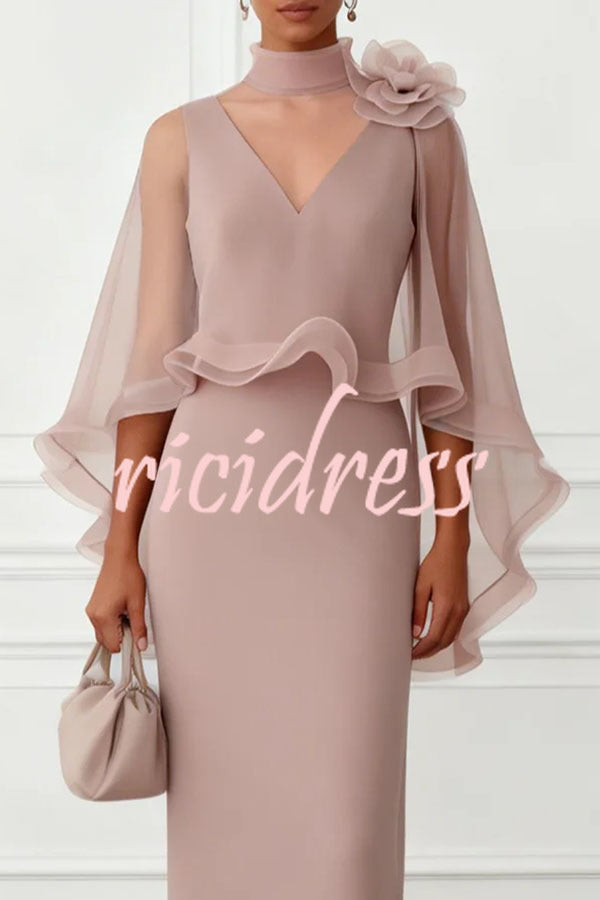 Pink Tallisa 3D Floral Mesh Mock Neck Half Cape Sleeve Gown Maxi Dress