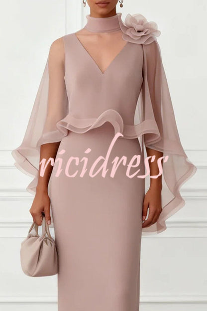 Pink Tallisa 3D Floral Mesh Mock Neck Half Cape Sleeve Gown Maxi Dress