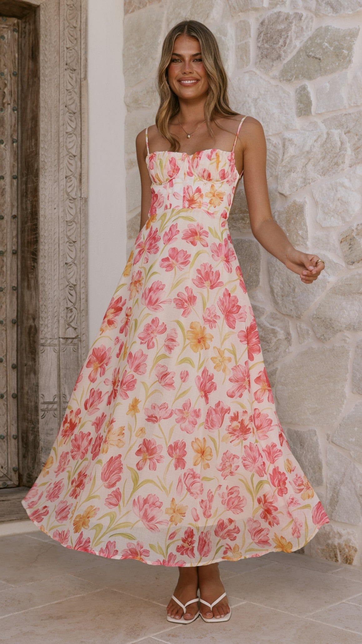 Pink/Yellow Flower Rahima Floral Maxi Dress