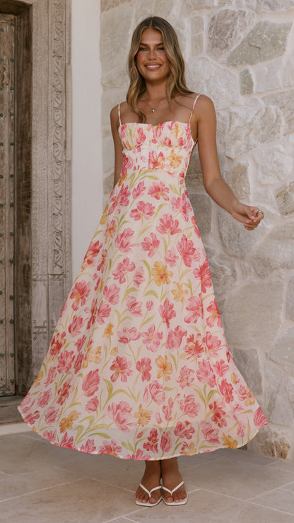 Pink/Yellow Flower Rahima Floral Maxi Dress