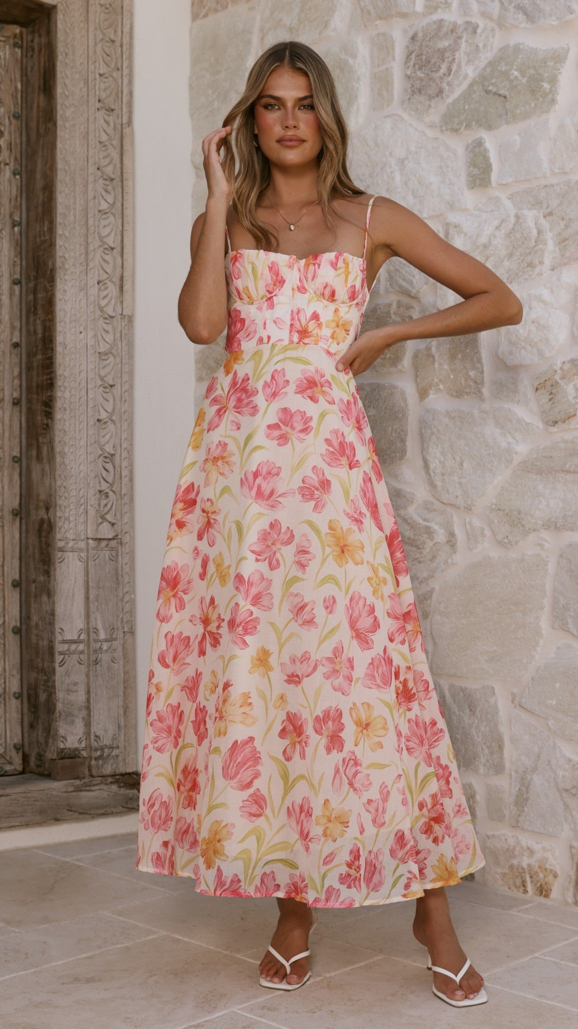 Pink/Yellow Flower Rahima Floral Maxi Dress