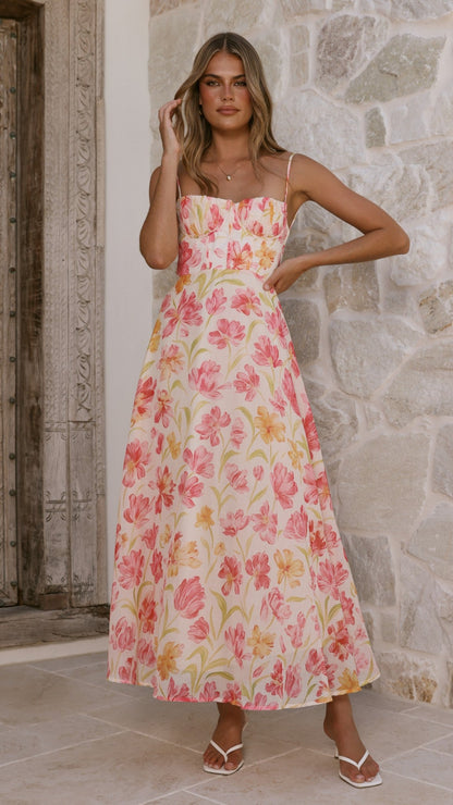 Pink/Yellow Flower Rahima Floral Maxi Dress