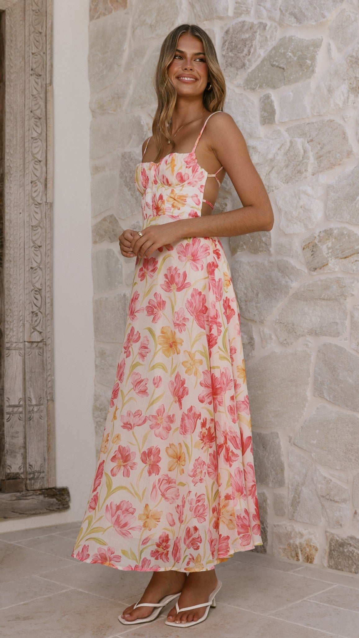 Pink/Yellow Flower Rahima Floral Maxi Dress