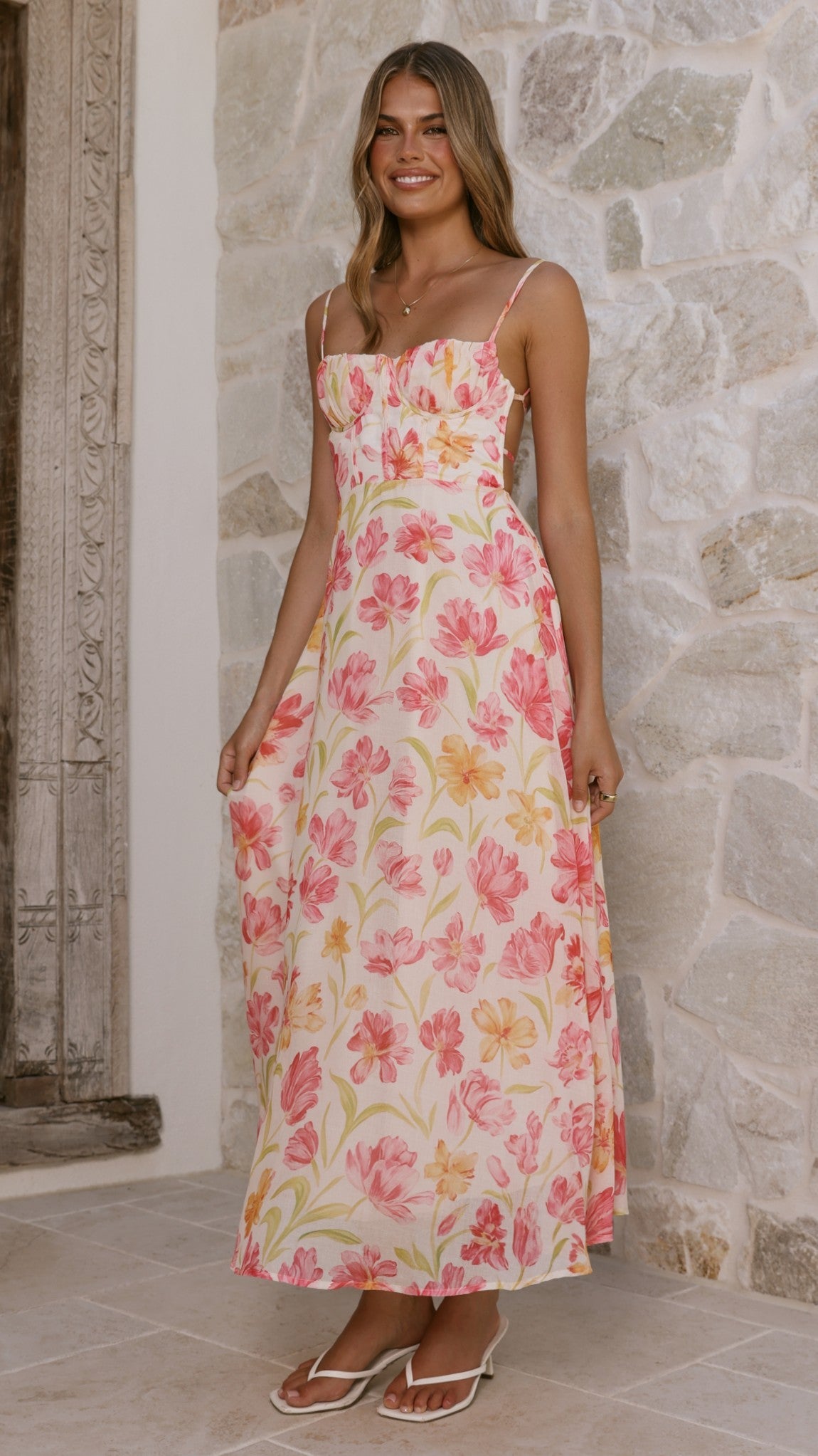 Pink/Yellow Flower Rahima Floral Maxi Dress