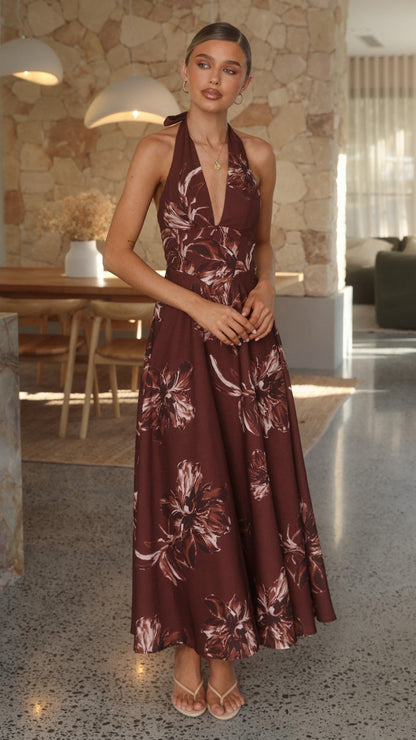 Chocolate Flower Skye Floral Maxi Dress in Chocolate