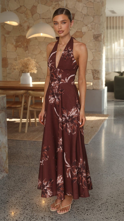 Chocolate Flower Skye Floral Maxi Dress in Chocolate