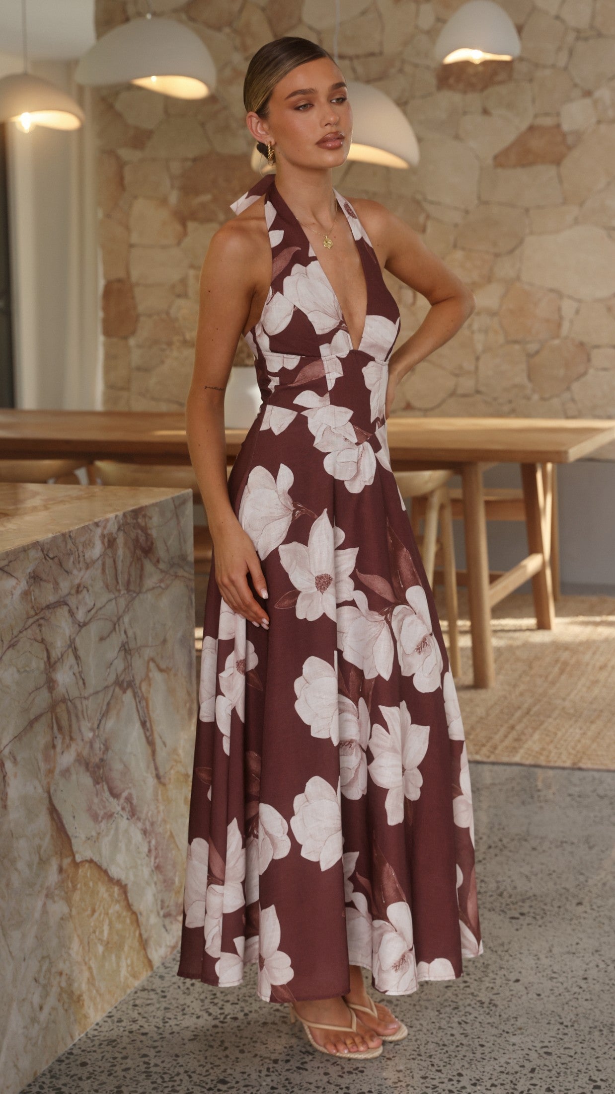 Chocolate/White Floral Skye Floral Maxi Dress in Chocolate