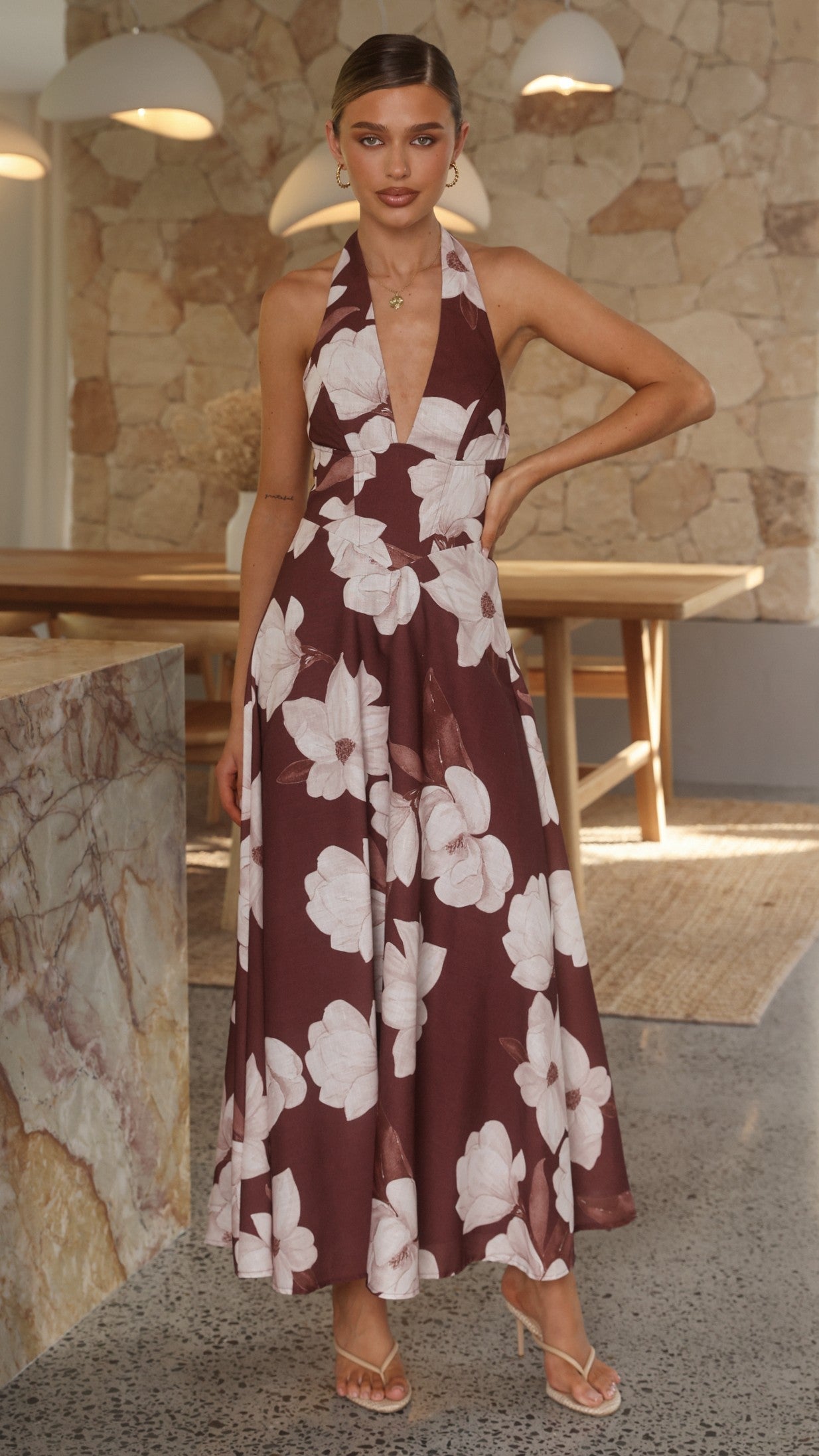 Chocolate/White Floral Skye Floral Maxi Dress in Chocolate