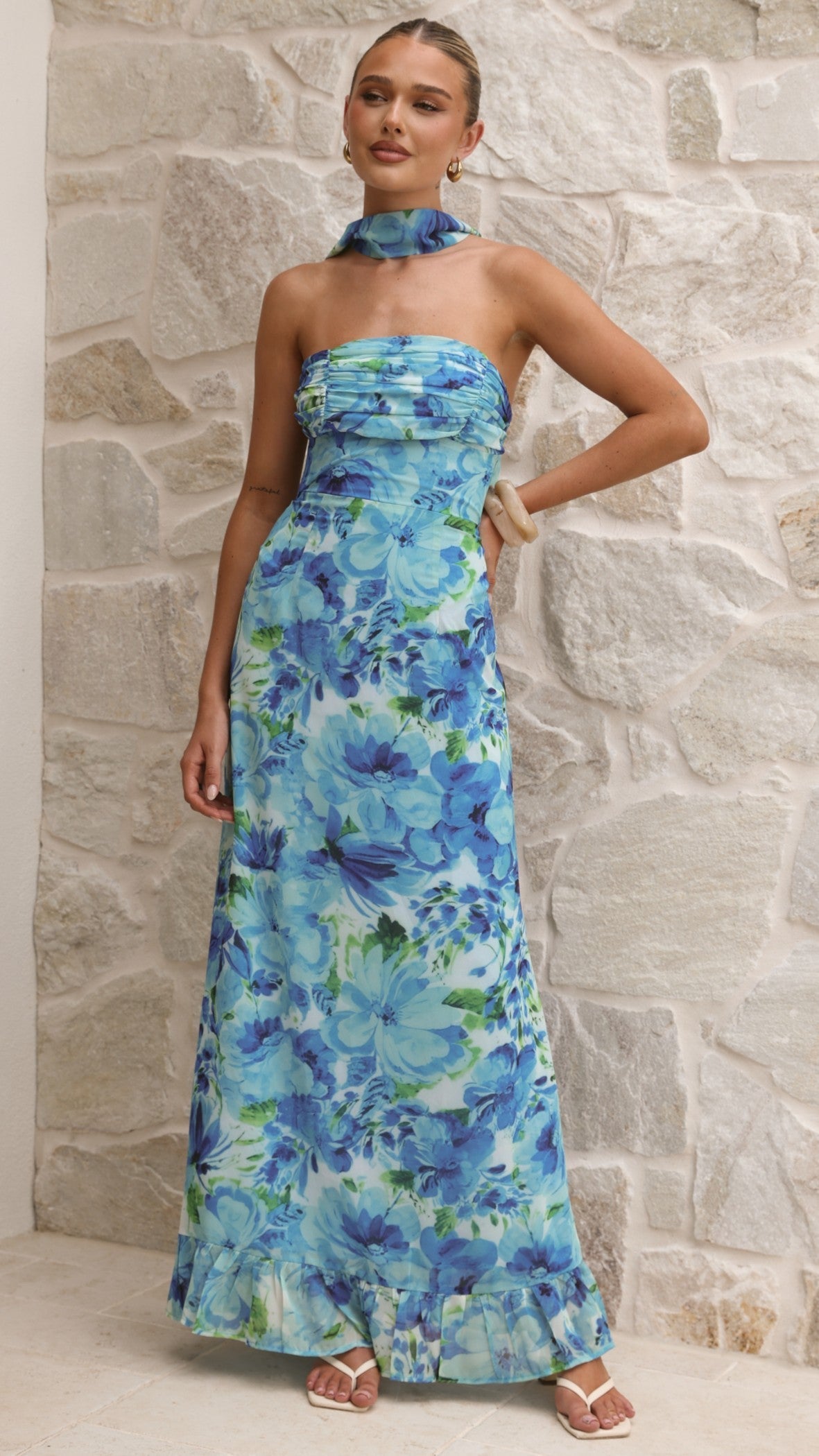 Blue Floral Mariposa Floral Maxi Dress