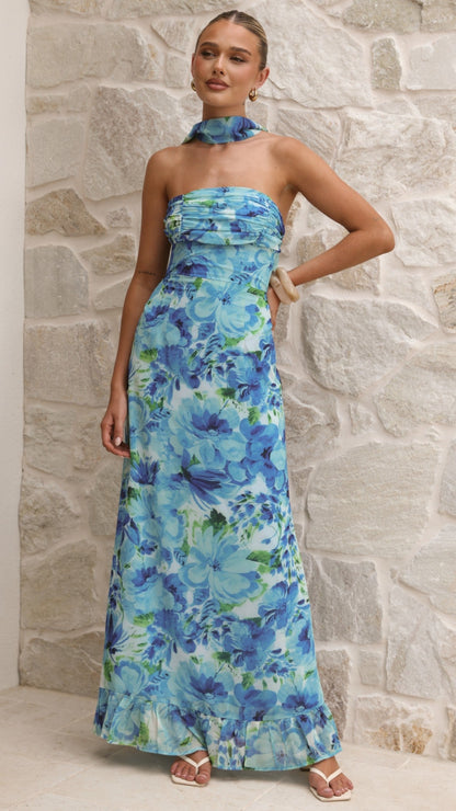 Blue Floral Mariposa Floral Maxi Dress