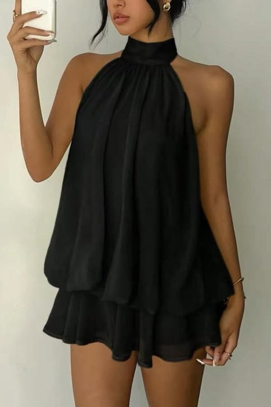 Fashionable Chiffon Halter Neck Backless Lace-up Casual Vacation Mini Dress
