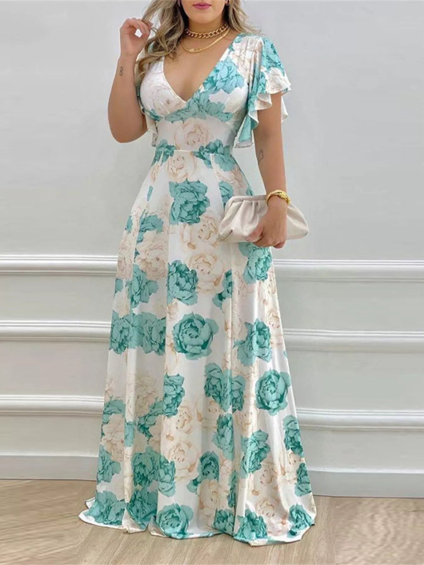 Teal Floral Print V-Neck Ruffle Sleeve Maxi Dress - Fuchsia Pink / M