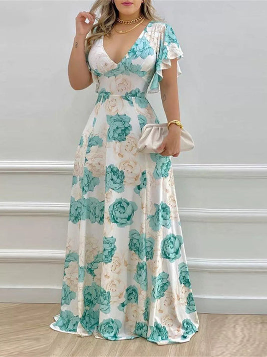 Teal Floral Print V-Neck Ruffle Sleeve Maxi Dress - Fuchsia Pink / M