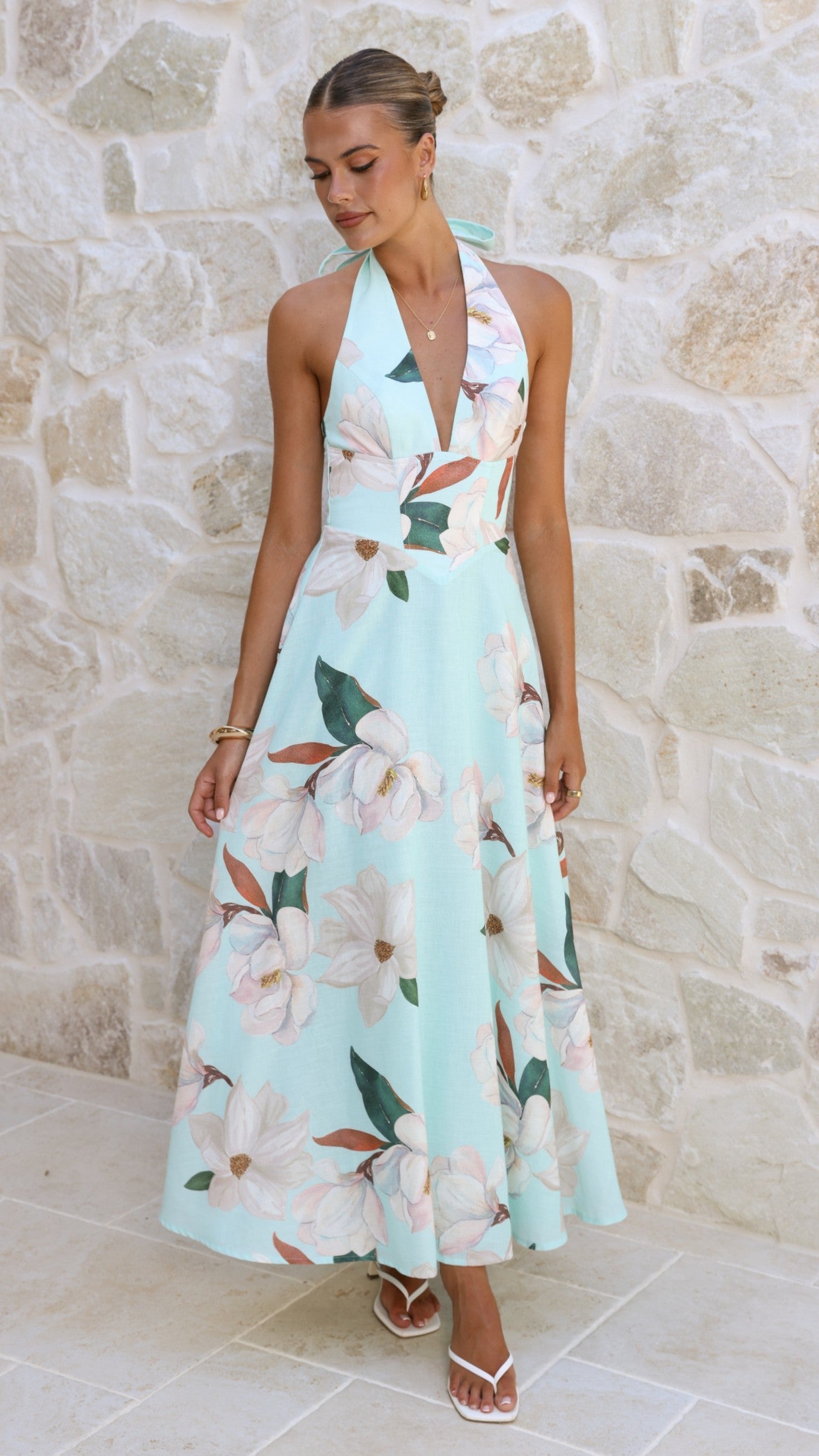 Aqua/White Floral Skye Floral Maxi Dress in Chocolate