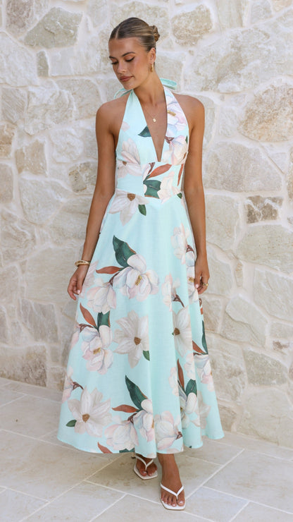 Aqua/White Floral Skye Floral Maxi Dress in Chocolate