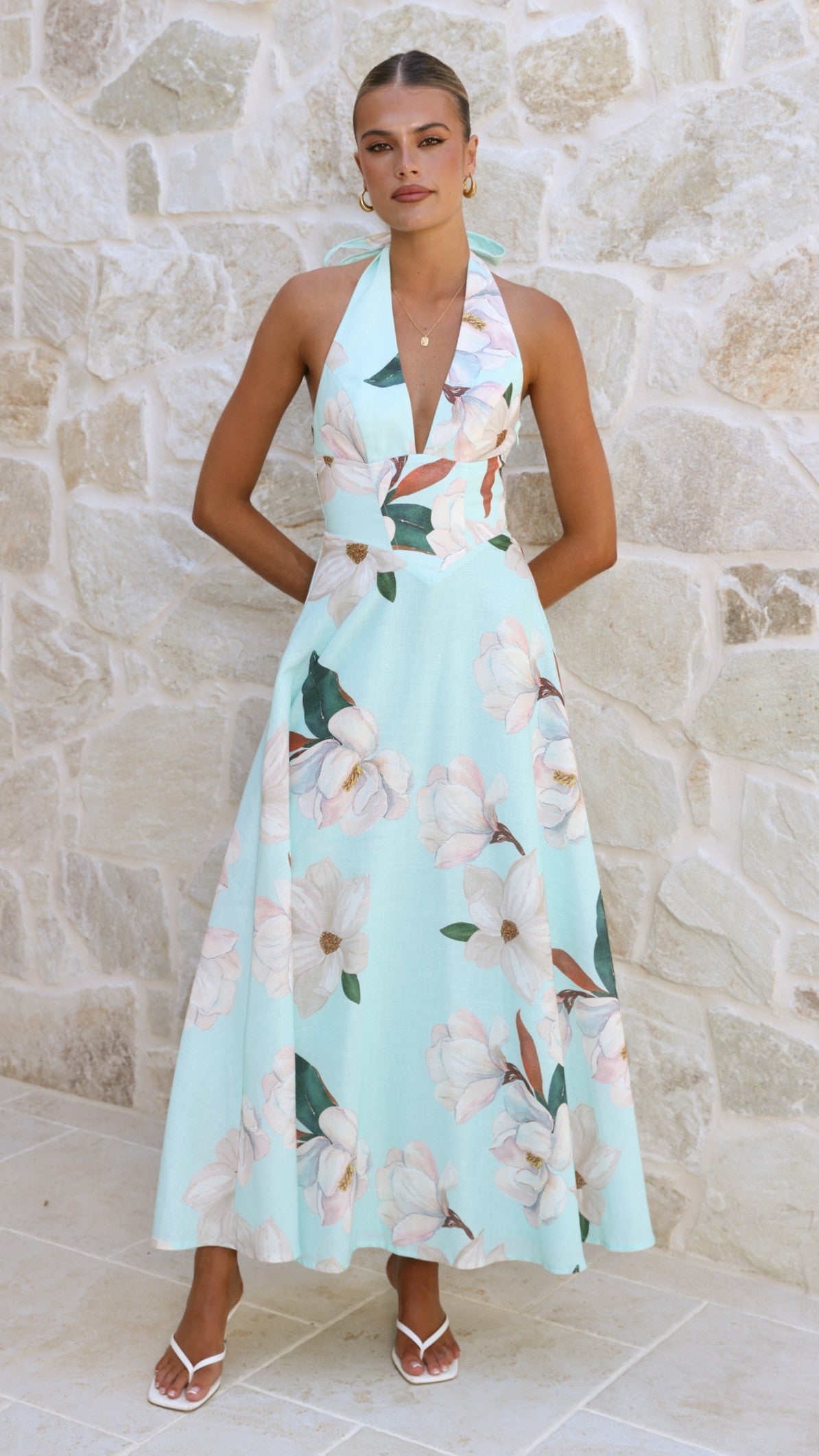 Aqua/White Floral Skye Floral Maxi Dress in Chocolate