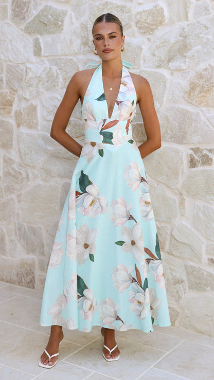 Aqua/White Floral Skye Floral Maxi Dress in Chocolate