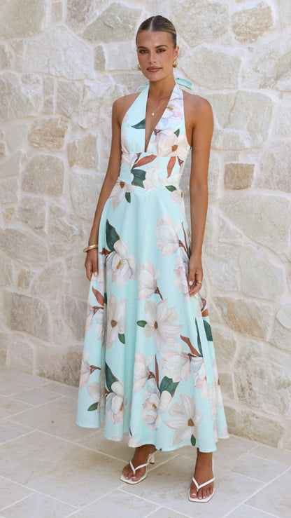Aqua/White Floral Skye Floral Maxi Dress in Chocolate
