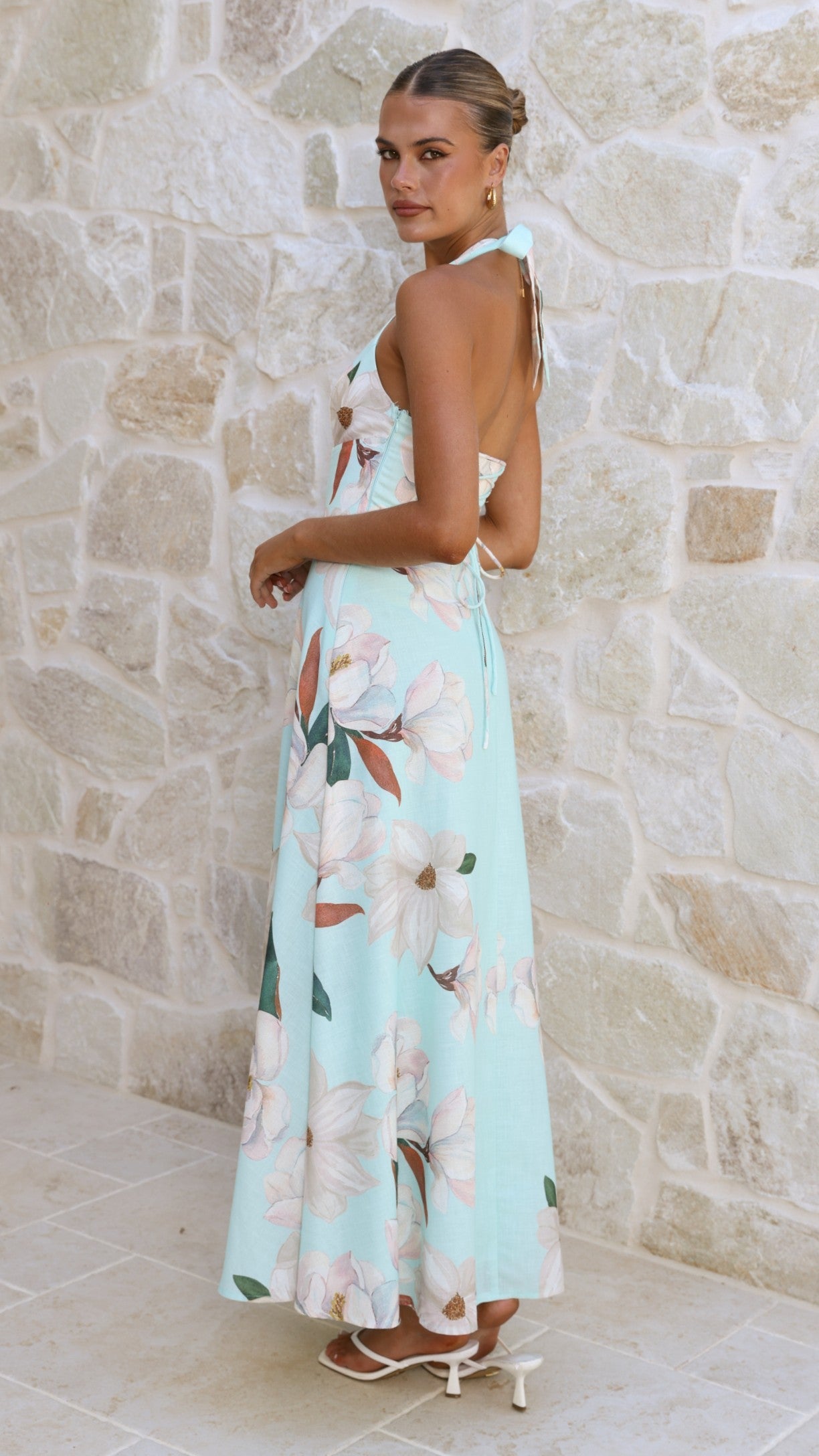 Aqua/White Floral Skye Floral Maxi Dress in Chocolate
