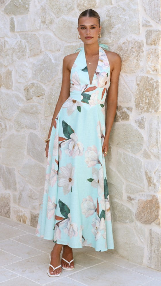 Aqua/White Floral Skye Floral Maxi Dress in Chocolate