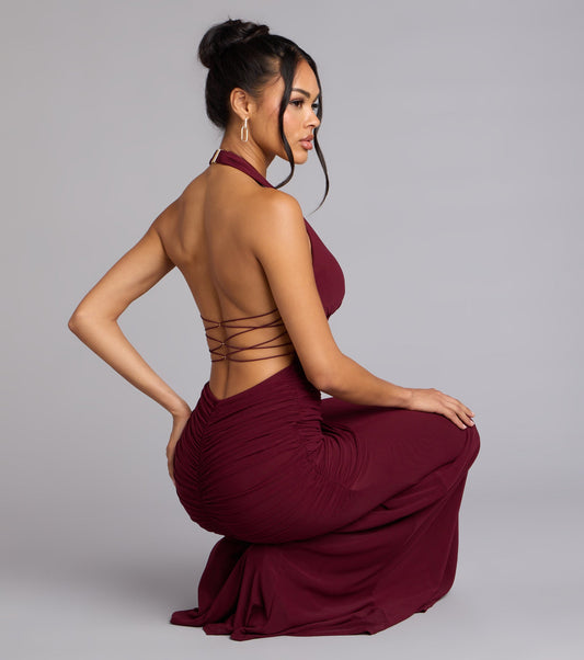 WINE Juliana Mesh Strappy Back Formal Dress