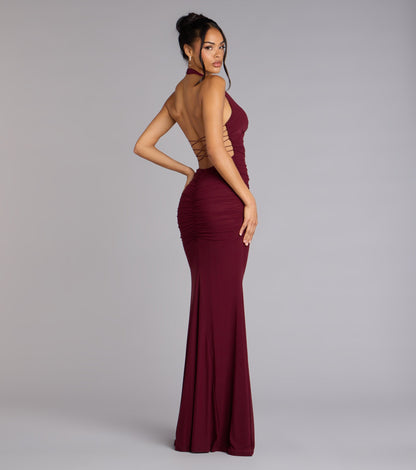WINE Juliana Mesh Strappy Back Formal Dress