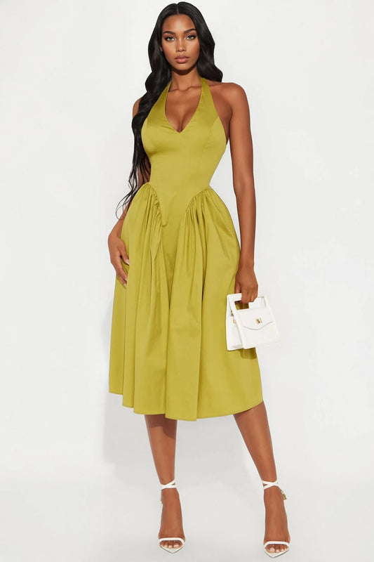 Women's Mara Corset Halter Midi Dress in Chartreuse Size 3X