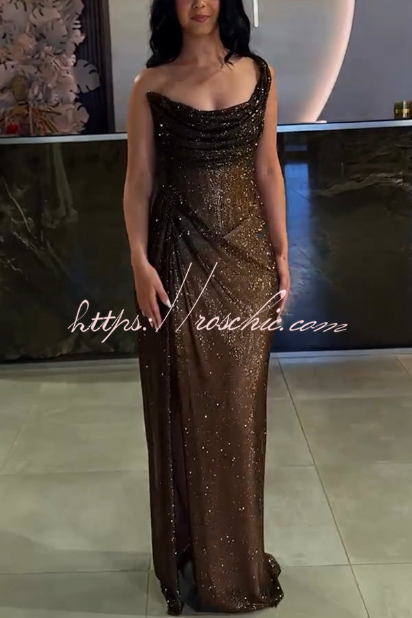 Black Vivienne Glitter One-Shoulder Maxi Dress