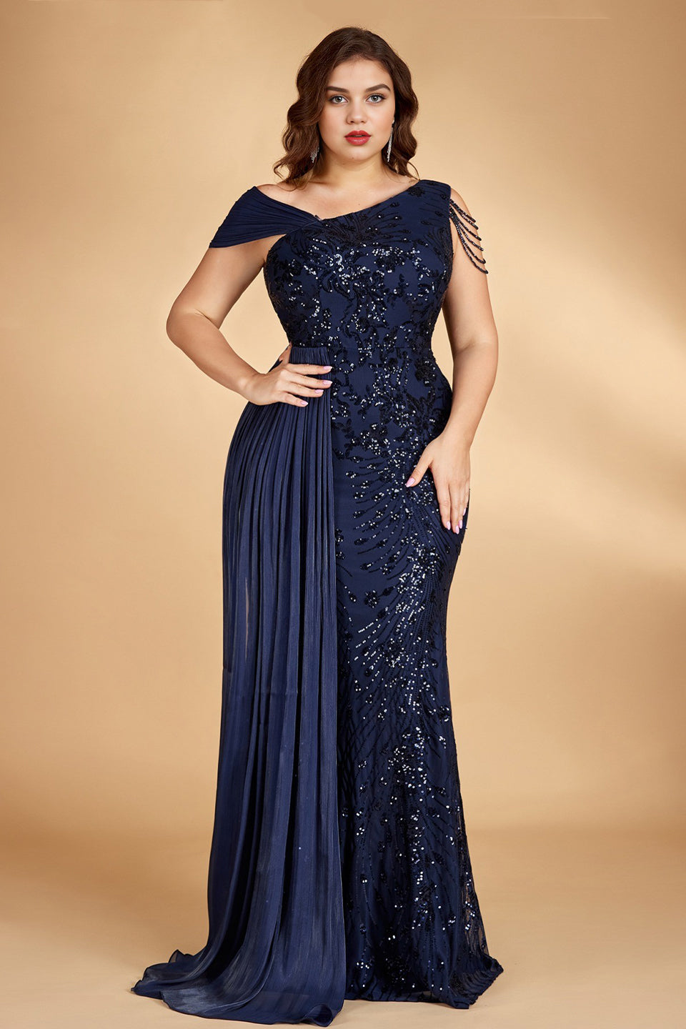 Blue Curveins Plus Size One Shoulder Sleeveless Beaded Ribbon Elegant Maxi Dress - 14-16/1X / Blue
