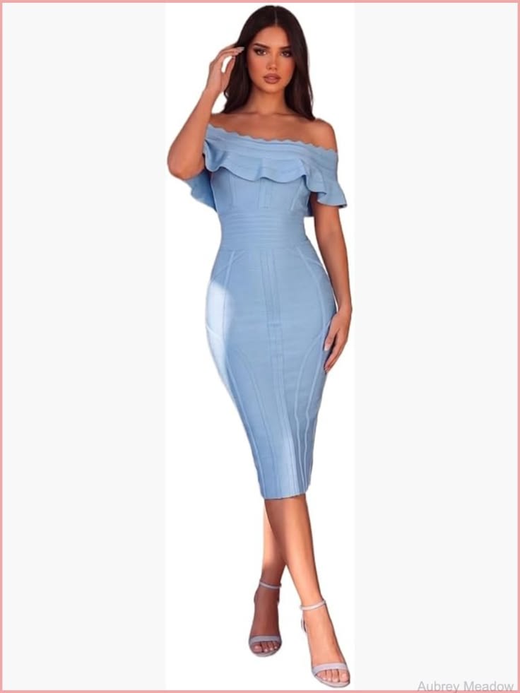 Off Shoulder Bandage Midi Dress Women's Party Bodycon Stretchy V-Neck | Color: Blue | Size: Various
