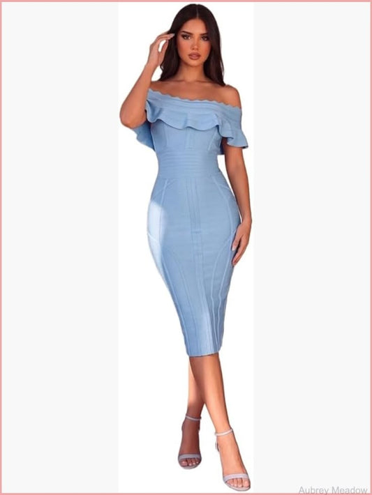 Off Shoulder Bandage Midi Dress Women's Party Bodycon Stretchy V-Neck | Color: Blue | Size: Various