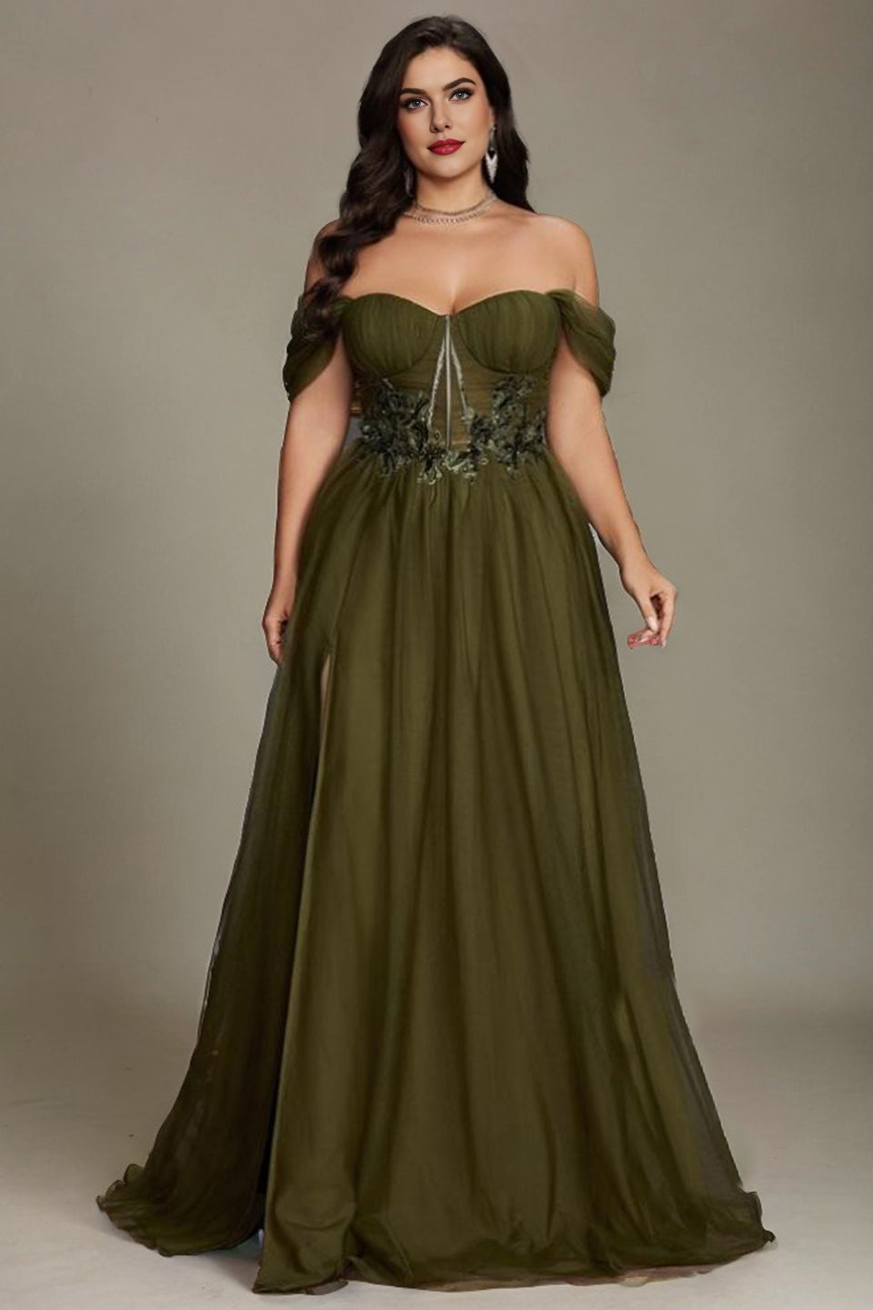Black Curveins Plus Size Off-Shoulder Strapless Sleeveless Cinched-Waist Maxi Dress - 18-20/2X / Green
